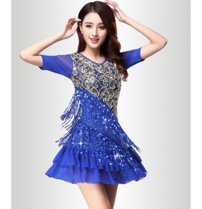 Royal blue red sequins embroidery pattern fringes short sleeves women's performance professional latin salsa cha cha rumba samba dance dresses outfits